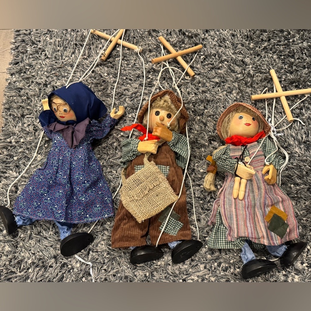Vintage Wooden Marionette Puppet Set of 3 Folk Art Farm Puppets